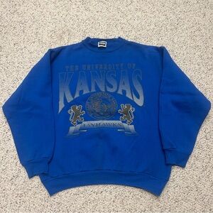 Vintage University of Kansas Jayhawks Tilted Crewneck Blue Size XL 90s Made USA
